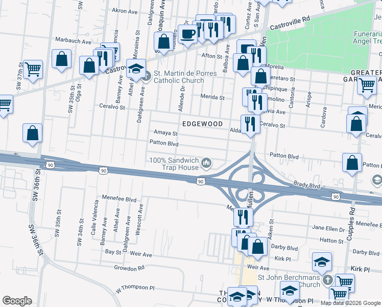 map of restaurants, bars, coffee shops, grocery stores, and more near 1114 Patton Boulevard in San Antonio