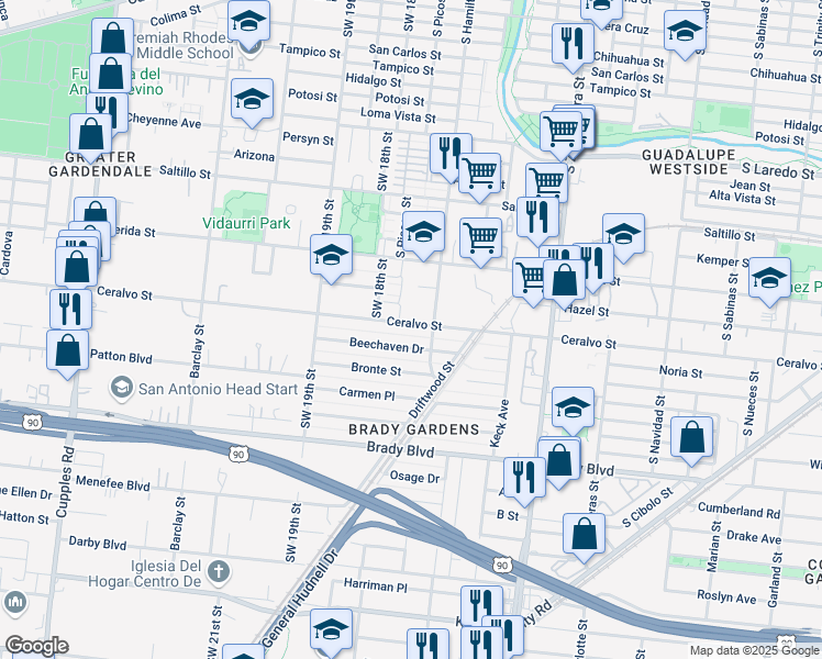 map of restaurants, bars, coffee shops, grocery stores, and more near 918 Ceralvo Street in San Antonio