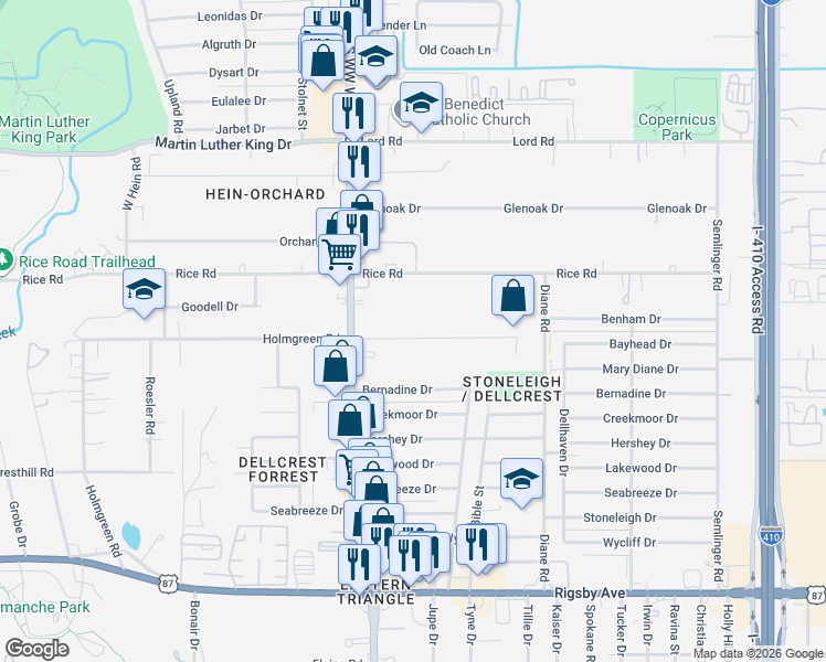map of restaurants, bars, coffee shops, grocery stores, and more near 853 Holmgreen Road in San Antonio