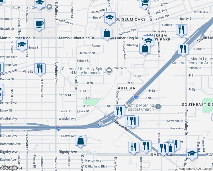 map of restaurants, bars, coffee shops, grocery stores, and more near 620 Anita Street in San Antonio
