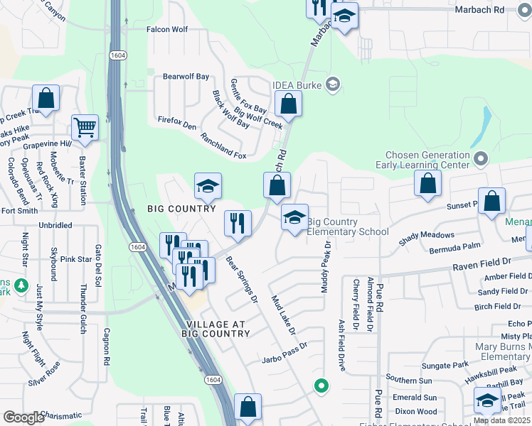 map of restaurants, bars, coffee shops, grocery stores, and more near Marbach Rd & Pue Rd in Bexar