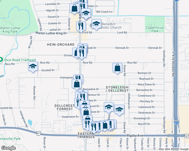 map of restaurants, bars, coffee shops, grocery stores, and more near 853 Holmgreen Road in San Antonio