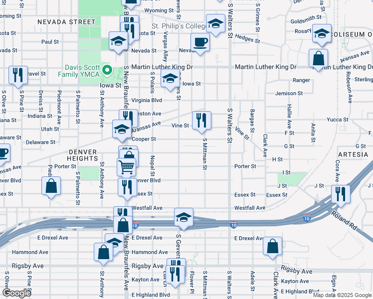 map of restaurants, bars, coffee shops, grocery stores, and more near 426 Cooper Street in San Antonio