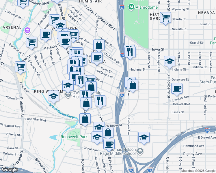 map of restaurants, bars, coffee shops, grocery stores, and more near 314 Florida Street in San Antonio