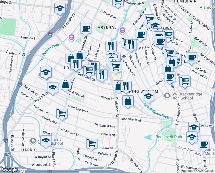map of restaurants, bars, coffee shops, grocery stores, and more near 100 Probandt Street in San Antonio