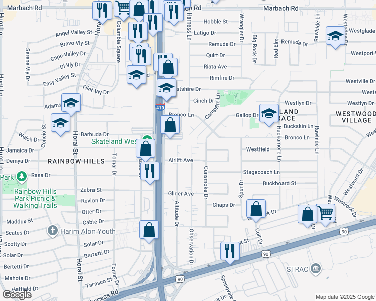 map of restaurants, bars, coffee shops, grocery stores, and more near 2307 Observation Drive in San Antonio