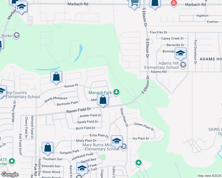 map of restaurants, bars, coffee shops, grocery stores, and more near 9802 Sunset Place in San Antonio