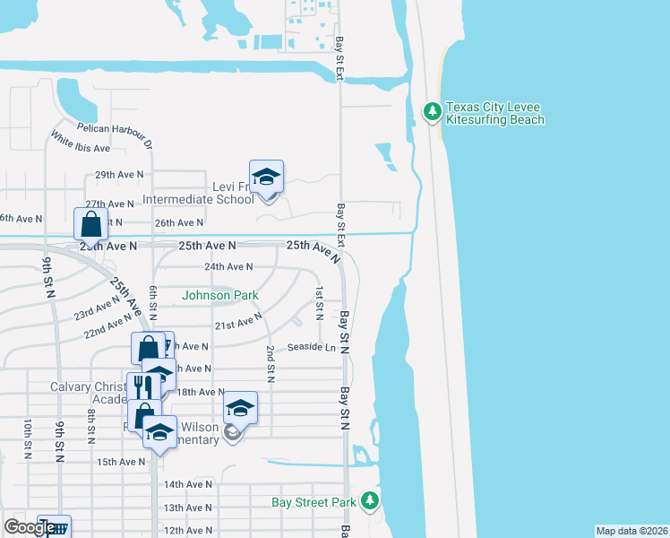 map of restaurants, bars, coffee shops, grocery stores, and more near 2033 Bay Street North in Texas City