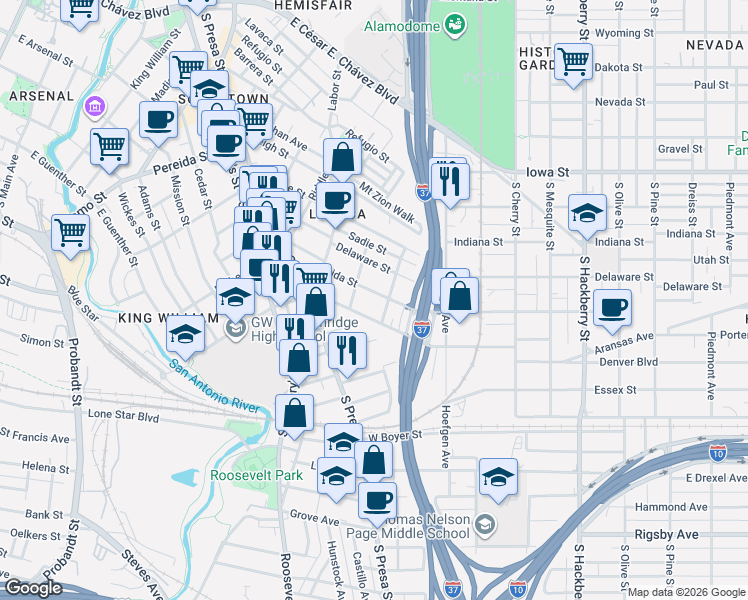 map of restaurants, bars, coffee shops, grocery stores, and more near 314 Florida Street in San Antonio