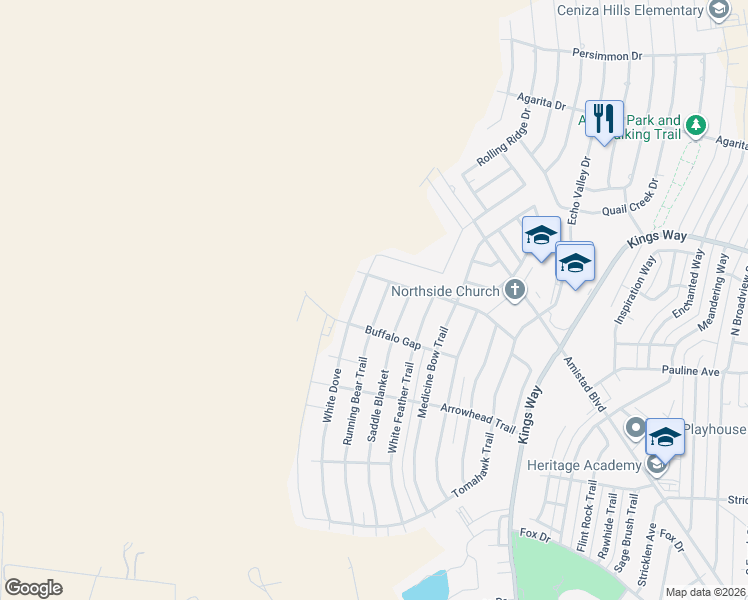 map of restaurants, bars, coffee shops, grocery stores, and more near 102 Running Bear Trail in Del Rio