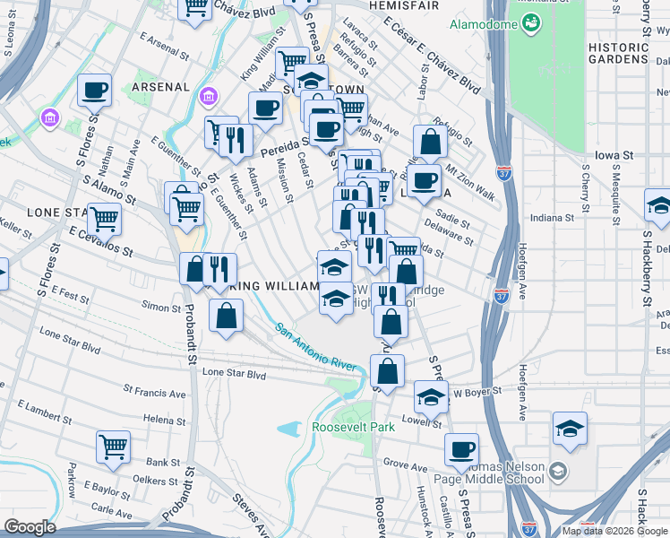 map of restaurants, bars, coffee shops, grocery stores, and more near 611 Cedar Street in San Antonio