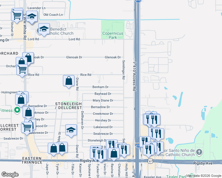 map of restaurants, bars, coffee shops, grocery stores, and more near 5038 Benham Drive in San Antonio