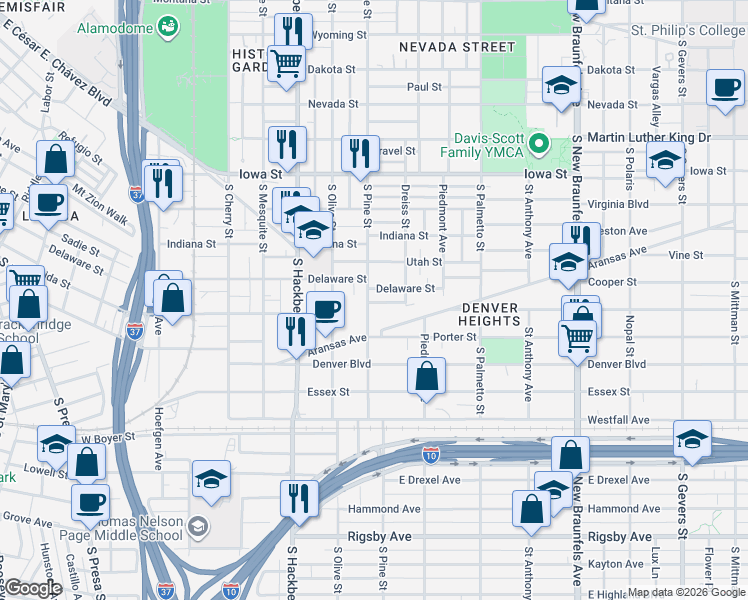 map of restaurants, bars, coffee shops, grocery stores, and more near 1013 South Pine Street in San Antonio