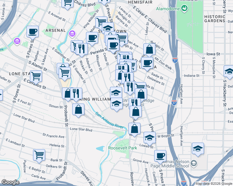 map of restaurants, bars, coffee shops, grocery stores, and more near 611 Cedar Street in San Antonio