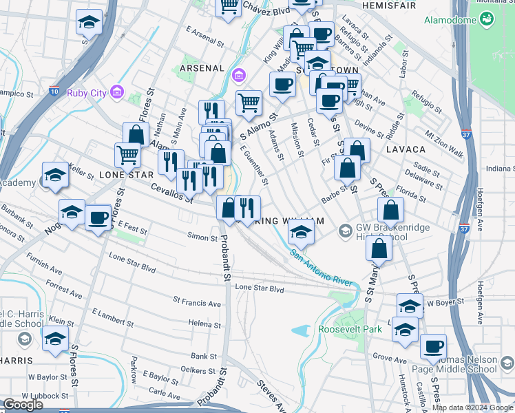 map of restaurants, bars, coffee shops, grocery stores, and more near 156 Crofton Ave in San Antonio