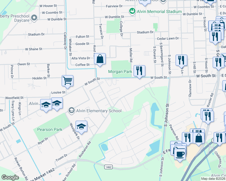 map of restaurants, bars, coffee shops, grocery stores, and more near 1600 Rosharon Road in Alvin