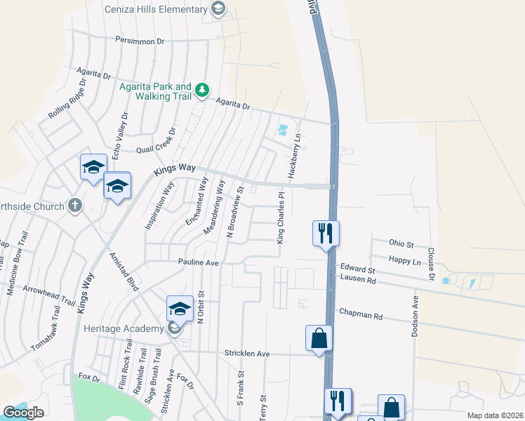 map of restaurants, bars, coffee shops, grocery stores, and more near 108 King Johns Place in Del Rio