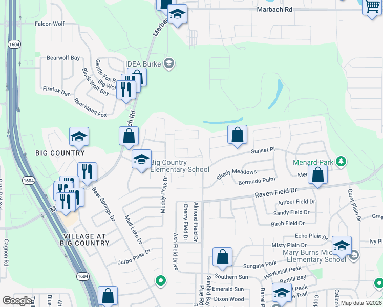 map of restaurants, bars, coffee shops, grocery stores, and more near 2326 Pue Rd in San Antonio