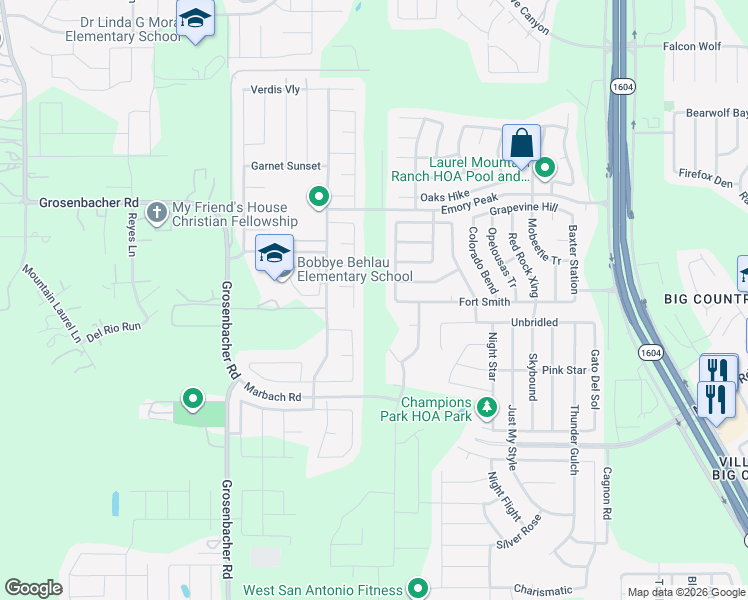 map of restaurants, bars, coffee shops, grocery stores, and more near 2410 York Bend in San Antonio