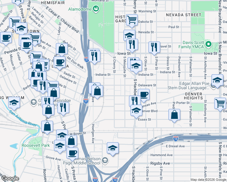 map of restaurants, bars, coffee shops, grocery stores, and more near 1115 South Cherry Street in San Antonio
