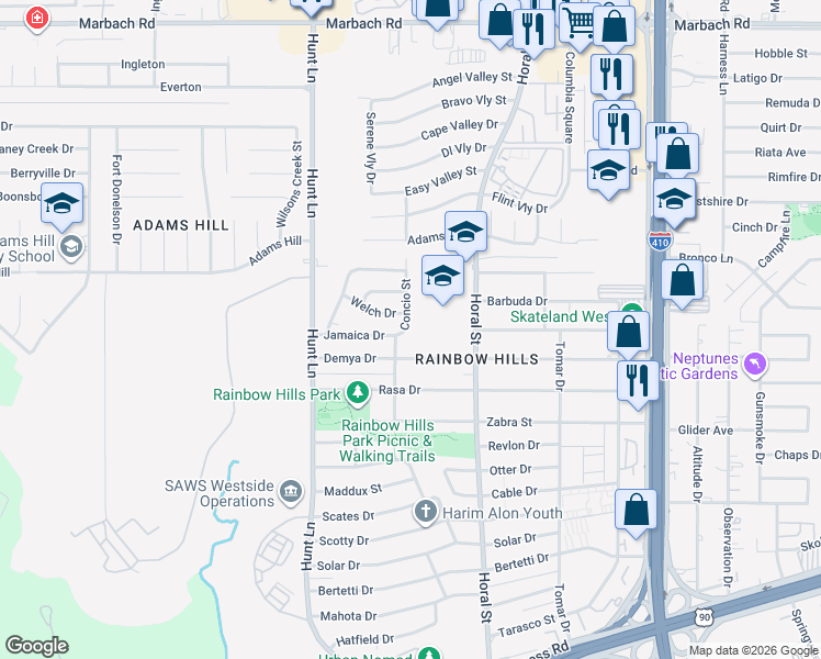 map of restaurants, bars, coffee shops, grocery stores, and more near 323 Concio Street in San Antonio