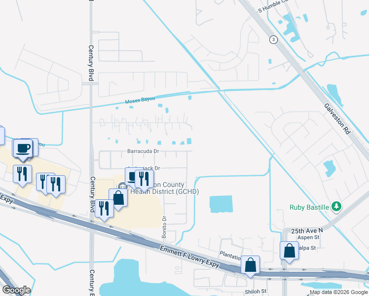 map of restaurants, bars, coffee shops, grocery stores, and more near 8922 Barracuda Drive in Texas City