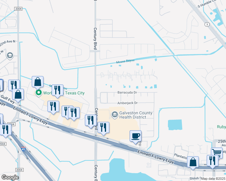 map of restaurants, bars, coffee shops, grocery stores, and more near 9610 Barracuda Drive in Texas City