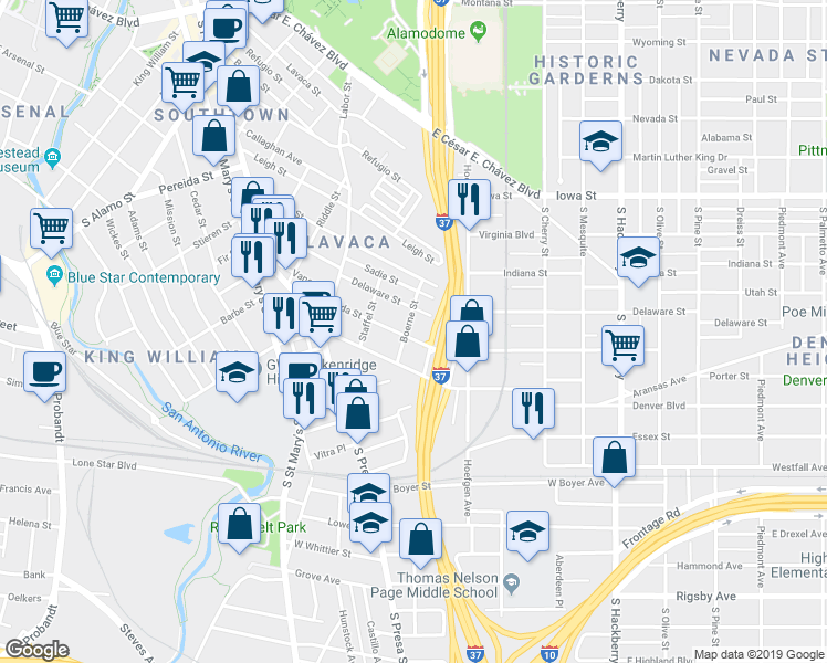 map of restaurants, bars, coffee shops, grocery stores, and more near 411 Florida Street in San Antonio