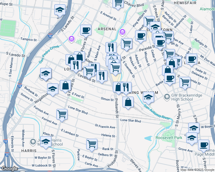 map of restaurants, bars, coffee shops, grocery stores, and more near 100 Probandt Street in San Antonio
