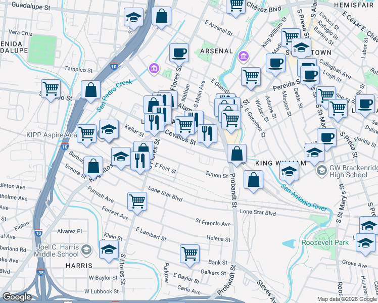 map of restaurants, bars, coffee shops, grocery stores, and more near 302 Clay in San Antonio
