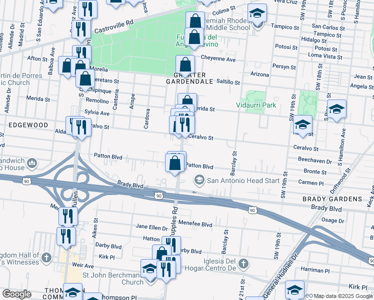map of restaurants, bars, coffee shops, grocery stores, and more near 636 Cupples Road in San Antonio