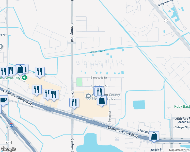 map of restaurants, bars, coffee shops, grocery stores, and more near 9502 Barracuda Drive in Texas City