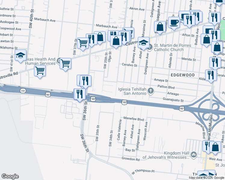 map of restaurants, bars, coffee shops, grocery stores, and more near 1511 Villa de Luna in San Antonio