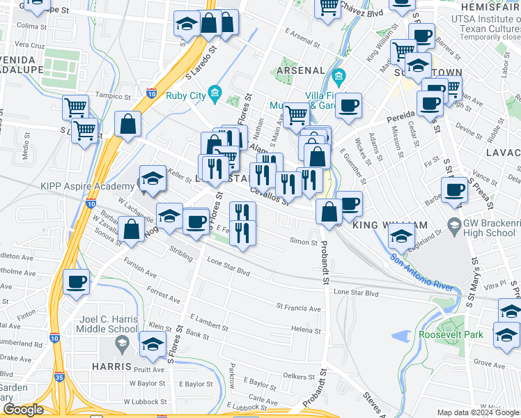 map of restaurants, bars, coffee shops, grocery stores, and more near 302 Clay in San Antonio