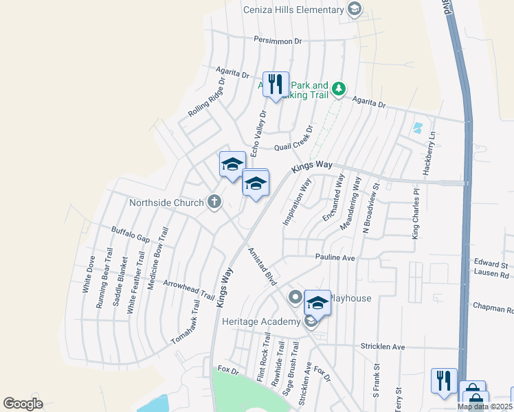 map of restaurants, bars, coffee shops, grocery stores, and more near 709 Kings Way in Del Rio