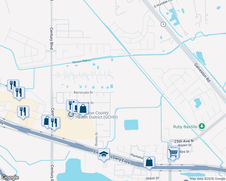 map of restaurants, bars, coffee shops, grocery stores, and more near 8922 Barracuda Drive in Texas City