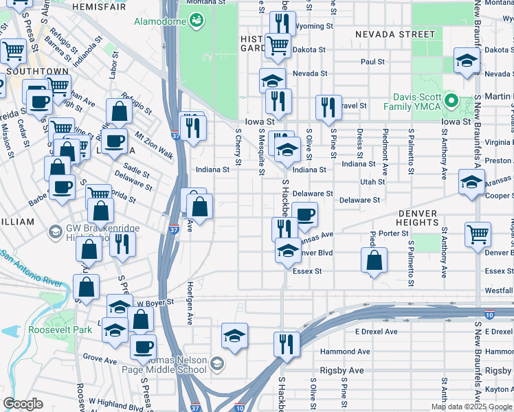 map of restaurants, bars, coffee shops, grocery stores, and more near 1115 South Mesquite in San Antonio