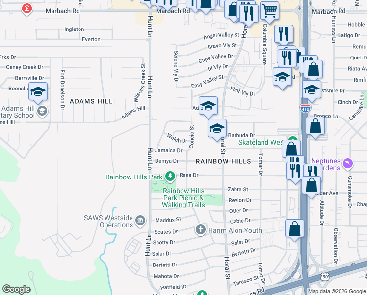 map of restaurants, bars, coffee shops, grocery stores, and more near 323 Concio Street in San Antonio