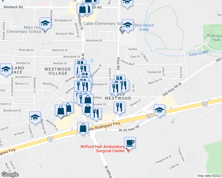 map of restaurants, bars, coffee shops, grocery stores, and more near 6803 Tallahasse Drive in San Antonio