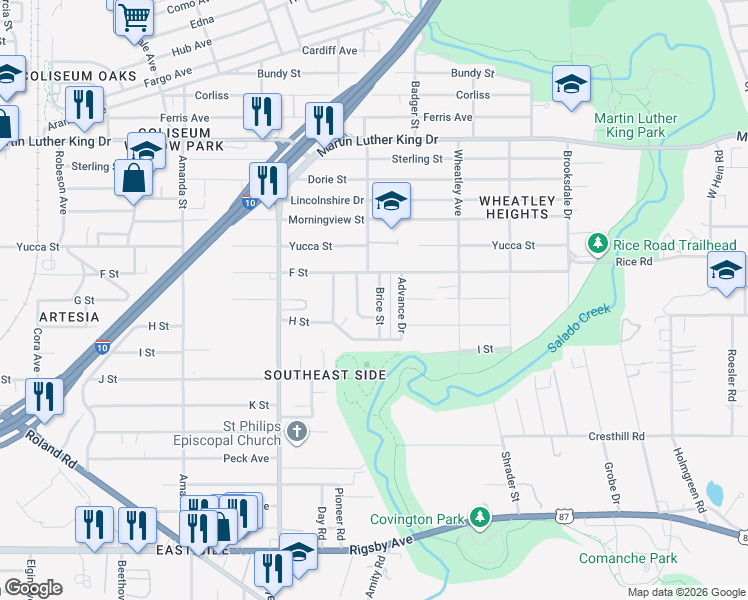 map of restaurants, bars, coffee shops, grocery stores, and more near 1623 Brice Street in San Antonio
