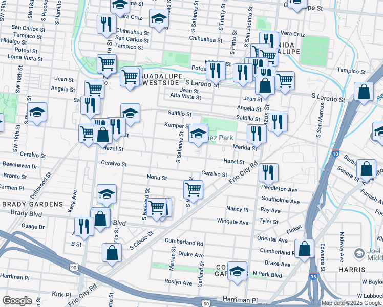map of restaurants, bars, coffee shops, grocery stores, and more near 323 Hazel Street in San Antonio