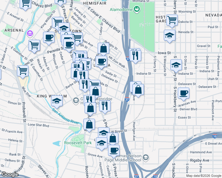 map of restaurants, bars, coffee shops, grocery stores, and more near 314 Florida Street in San Antonio