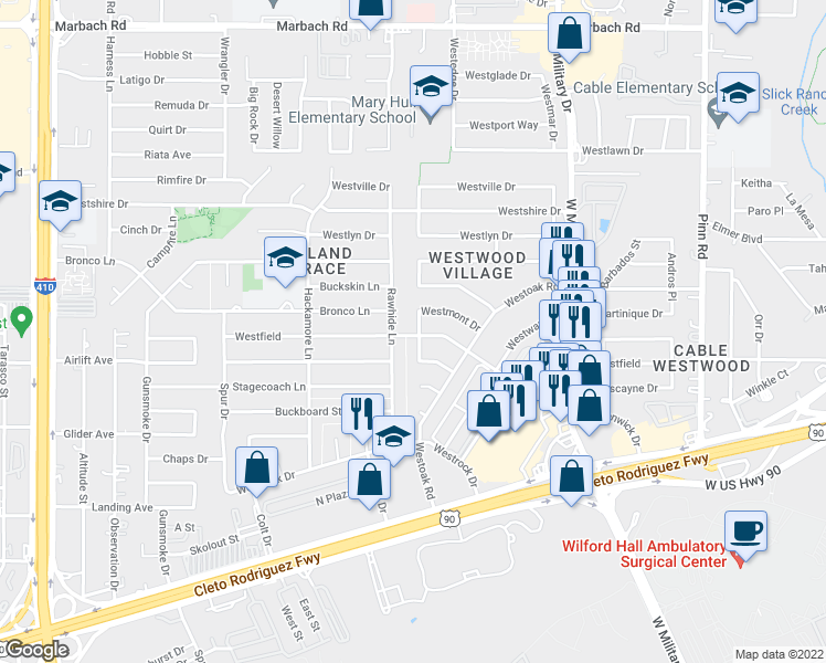 map of restaurants, bars, coffee shops, grocery stores, and more near 503 Westvale Drive in San Antonio