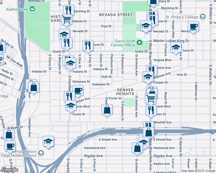 map of restaurants, bars, coffee shops, grocery stores, and more near 1222 Delaware Street in San Antonio
