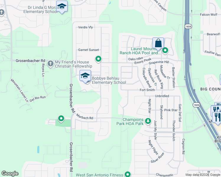 map of restaurants, bars, coffee shops, grocery stores, and more near 2410 York Bend in San Antonio