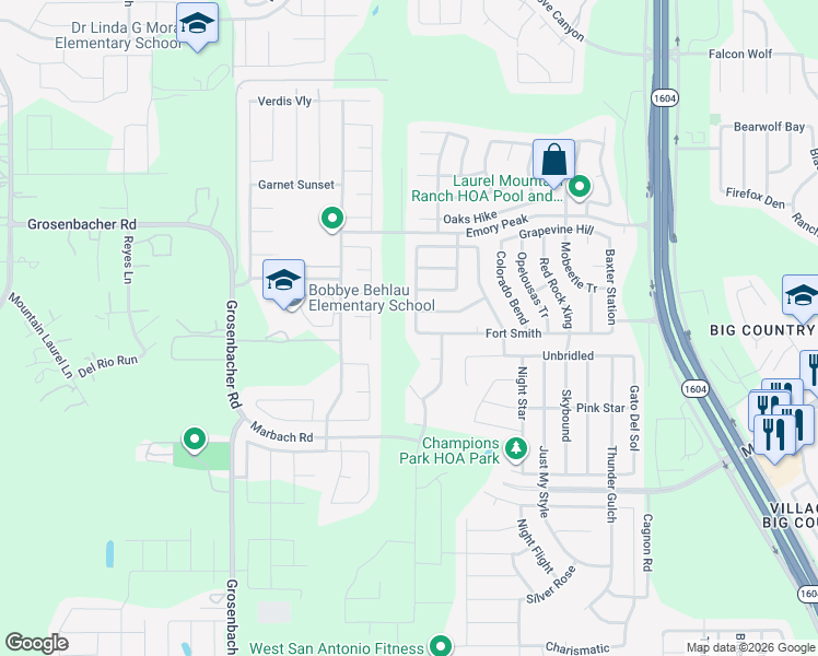 map of restaurants, bars, coffee shops, grocery stores, and more near 2339 Rosillos Peak in San Antonio