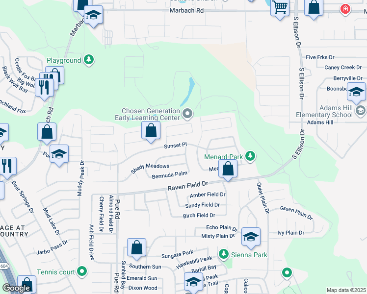 map of restaurants, bars, coffee shops, grocery stores, and more near 9926 Sunset Place in San Antonio