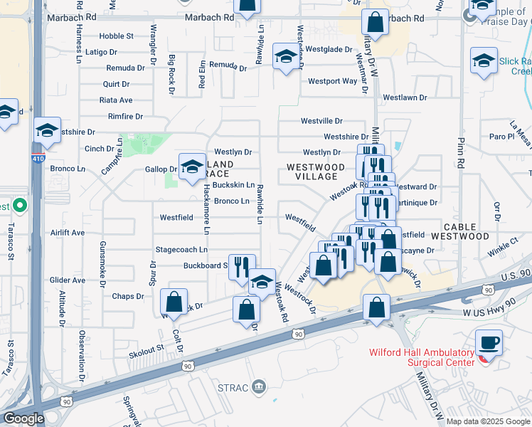 map of restaurants, bars, coffee shops, grocery stores, and more near 503 Westvale Drive in San Antonio