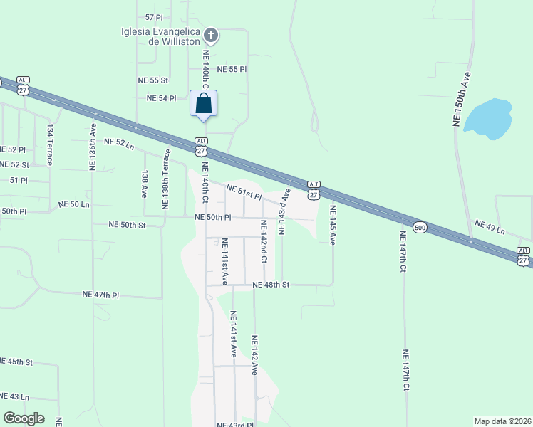 map of restaurants, bars, coffee shops, grocery stores, and more near 5031 Northeast 142nd Court in Williston