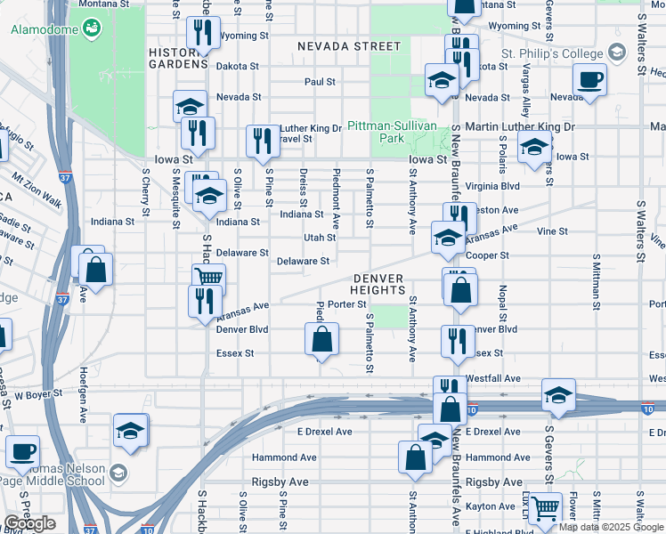 map of restaurants, bars, coffee shops, grocery stores, and more near 1222 Delaware Street in San Antonio